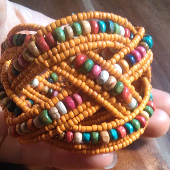 Orange Seed Bead and Multi-Color Bead Twisted Weave Cuff Bracelet - Picture 2 of 8